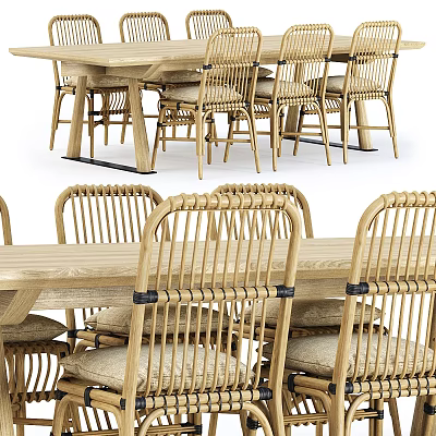 Wooden Outdoor Dining Table With Rattan Chairs And Natural Modern Design 3d model