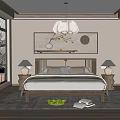 Modern Bedroom Interior Design With Wooden Bed Decorative Painting Chandelier And Table Lamps
