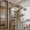 Modern Dining And Kitchen Space With Wooden Cabinets White Counter Pendant Lights And Dining Table