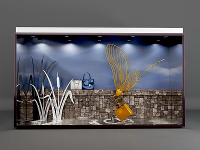 Stylish Window Display With Metal Grass Decorations Blue Yellow Handbags Stone Wall Blue Sky Backdrop 3d model