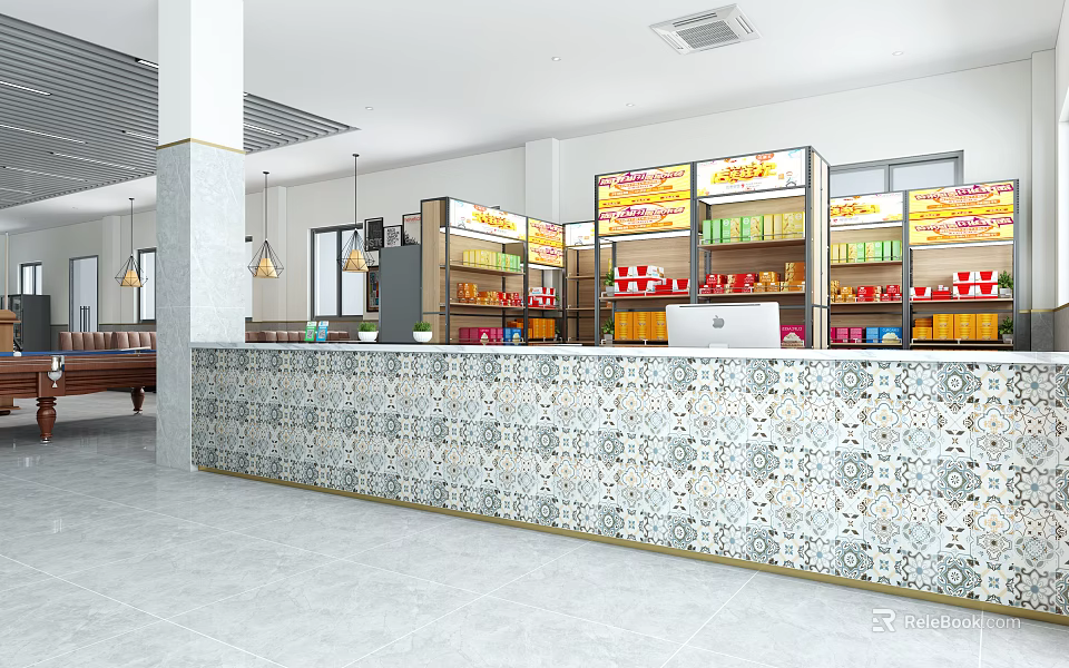 Spacious Billiard Room With Tile Decorated Front Desk Shelves Drinks Snacks And Billiard Tables 3d model 