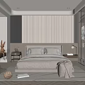 Modern Bedroom Interior Design With Vertical Striped Accent Wall Bed Nightstands And Geometric Area Rug