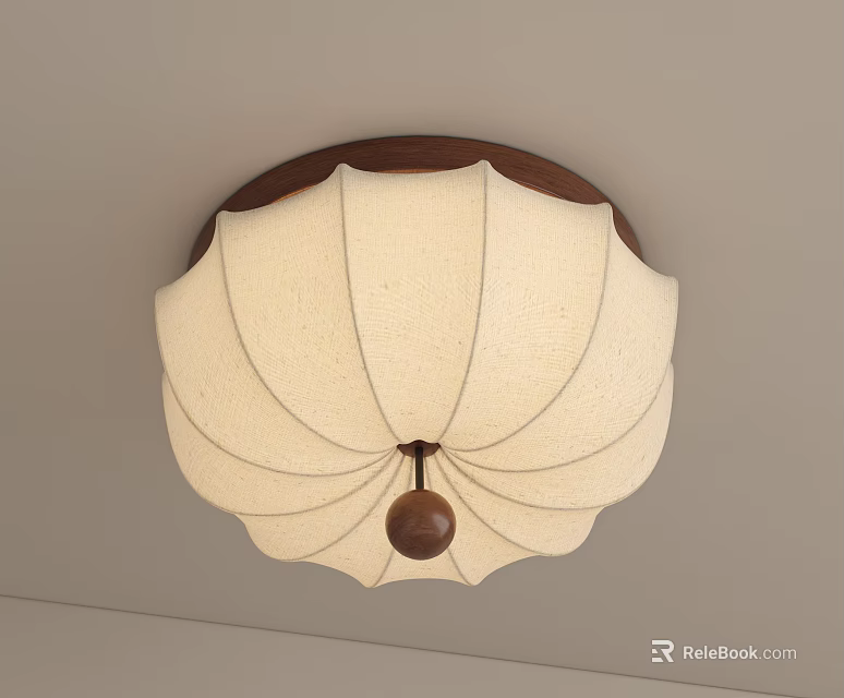 Petal Shaped Ceiling Light With Cream Pleated Lampshade And Wooden Frame 3d model 