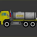 Toy Yellow Volvo Tanker Truck with Black Parts and Large Wheels on Reflective Surface