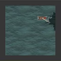 Small Boat On Blue Water With Red Lifebuoy Searchlight Beam And Sunken Ship Shadow Underwater