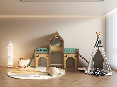 Kids Playroom Interior With Wooden Slide Teepee Tent Round Rug And Stuffed Animal 3d model
