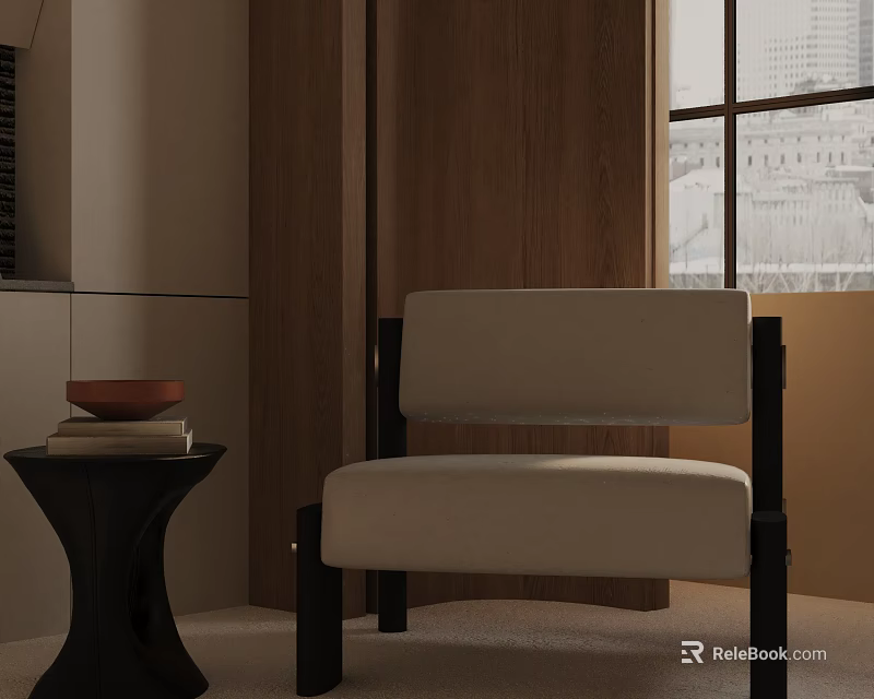 Stylish Beige Upholstered Accent Chair With Dark Wooden Frame In Modern Interior Near Side Table 3d model 