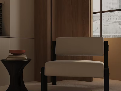 Stylish Beige Upholstered Accent Chair With Dark Wooden Frame In Modern Interior Near Side Table 3d model