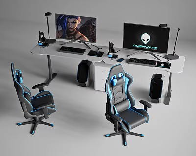 Modern Gaming Computer Setup With Dual Monitors Alienware Display And Ergonomic Chairs 3d model