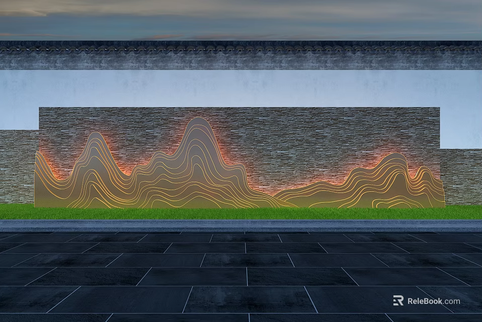 Garden Landscape Design With Illuminated Stone Wall Wavy Patterns Green Grass And Stone Pavement 3d model 