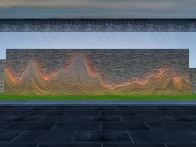 Garden Landscape Design With Illuminated Stone Wall Wavy Patterns Green Grass And Stone Pavement 3d model