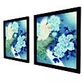 Decorative Botanical Paintings With White Bird Blue White Flowers Green Leaves And Black Frames