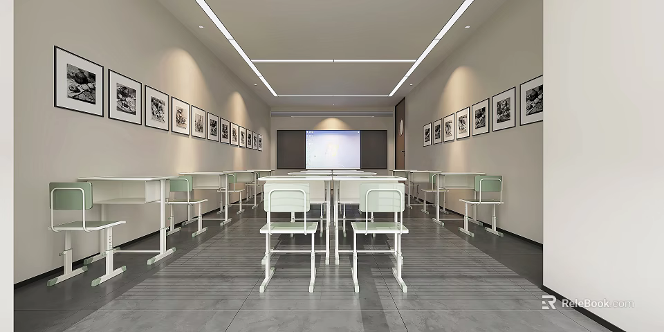 Modern Classroom Interior With White Tables Chairs Projection Screen And Black White 3d model 