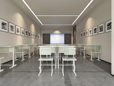 Modern Classroom Interior With White Tables Chairs Projection Screen And Black White 3d model