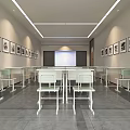 Modern Classroom Interior With White Tables Chairs Projection Screen And Black White