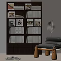 Stylish Wooden Bookshelf With Organized Books Decorative Prints And Floor Lamp