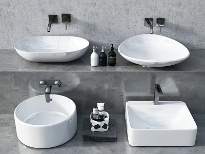 White Ceramic Above-Counter Washbasins With Oval Round Square Shapes And Silver Faucets On Grey Countertop 3d model