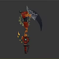 Red And Black Mechanical Sickle Tool With Gear Mechanisms And Decorative Parts