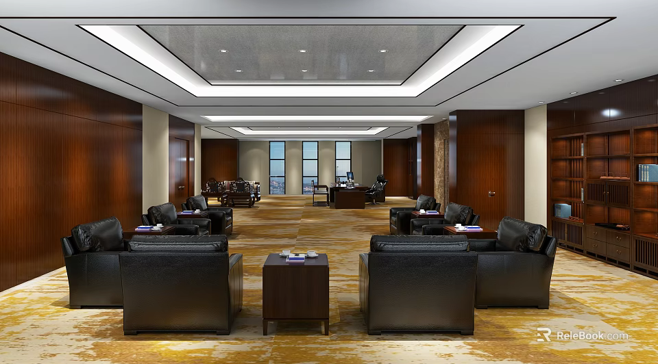 Spacious Modern Office Interior Design With Dark Leather Sofas Wooden Walls And Large Windows 3d model 