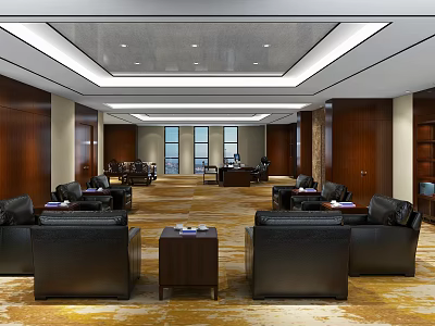 Spacious Modern Office Interior Design With Dark Leather Sofas Wooden Walls And Large Windows 3d model