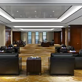 Spacious Modern Office Interior Design With Dark Leather Sofas Wooden Walls And Large Windows