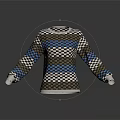 Colorful Patterned Sweater With Blue White Brown Checkerboard And Stripes Design