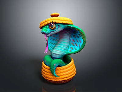 Colorful Cobra 3D Model In Woven Basket With Yellow Hat And Blue Green Body 3d model