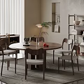 Quiet Ancient Style Dining Table and Chair Combination Round Solid Wood Dining Table Dining Chair Six-person Storage Rack Sideboard Vase Decoration Floor Lamp 3d model