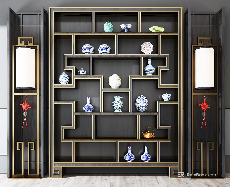 Traditional Chinese Style Decorative Cabinet With Blue And White Porcelain Vases And Ornaments 3d model 