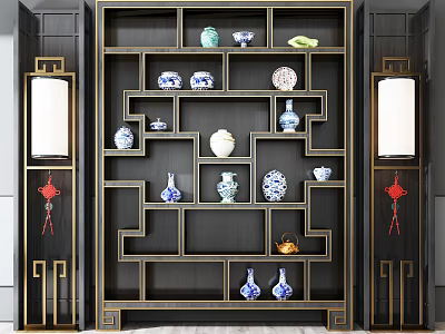 Traditional Chinese Style Decorative Cabinet With Blue And White Porcelain Vases And Ornaments 3d model