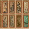 Traditional Chinese Landscape Paintings in Golden Frames with Mountain River Flower Bird Motifs Arranged Neatly
