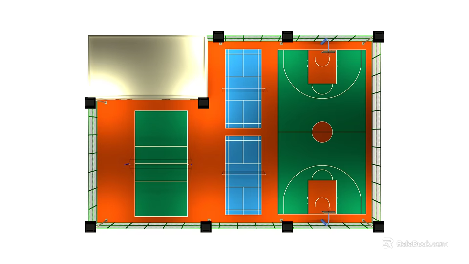 Indoor Multi Sport Fitness Facility With Green Blue Surfaces Basketball Volleyball Courts 3d model 