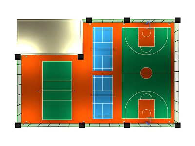 Indoor Multi Sport Fitness Facility With Green Blue Surfaces Basketball Volleyball Courts 3d model