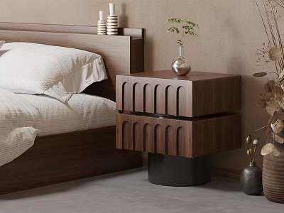 Wooden Nightstand With Wave Design Drawers And Silver Vase Green Plant In Bedroom 3d model