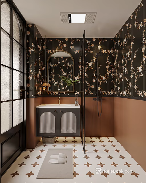 Modern Elegant Bathroom Interior With Floral Wallpaper Oval Mirror Dark Vanity And Patterned Floor Tiles 3d model 