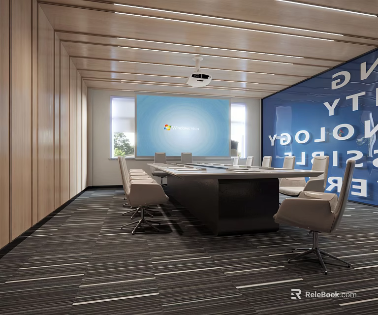 Modern Conference Room Interior With Wooden Walls Projector Conference Table And Technology Text Wall 3d model 