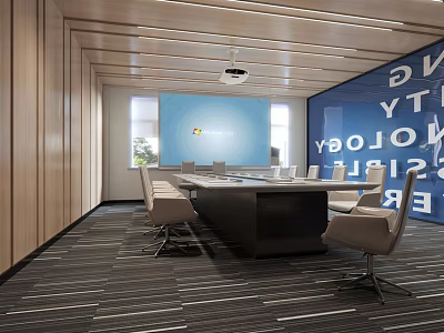Modern Conference Room Interior With Wooden Walls Projector Conference Table And Technology Text Wall 3d model