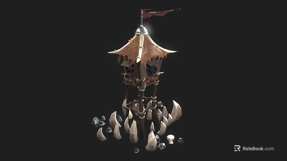 Cartoon Tower Scene With Flag Spiked Hanging Decorations Skulls And Stones 3d model 