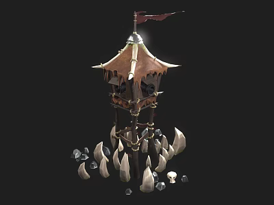 Cartoon Tower Scene With Flag Spiked Hanging Decorations Skulls And Stones 3d model