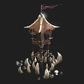 Cartoon Tower Scene With Flag Spiked Hanging Decorations Skulls And Stones
