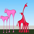 Pink Sheep And Red Giraffe Sculptures On Green Grassland With Blue Sky And Mountains