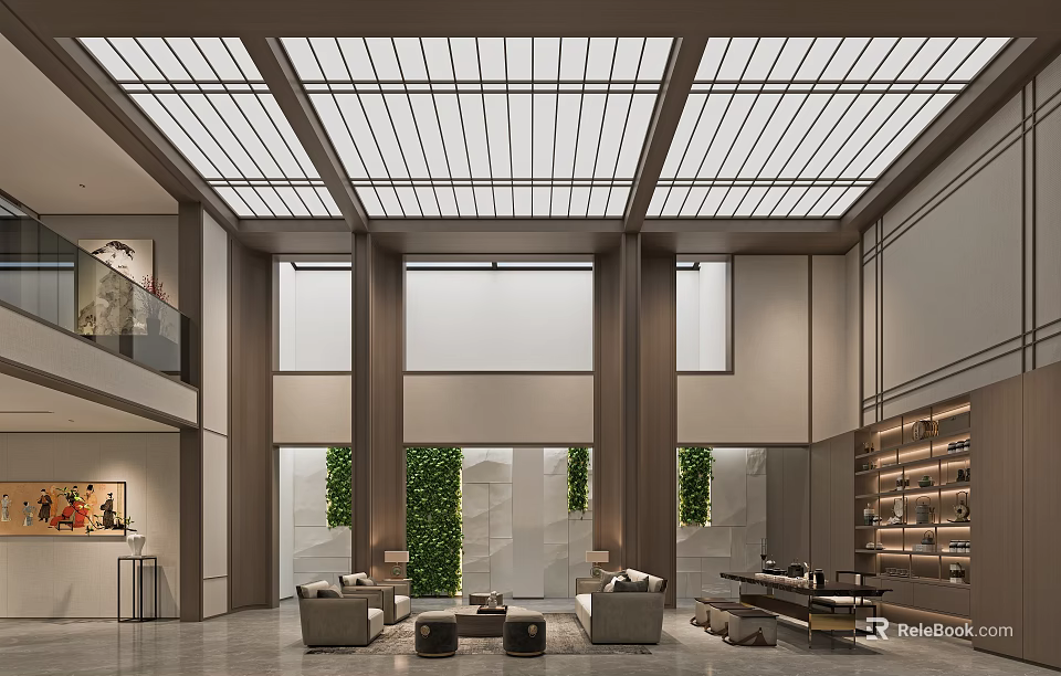 Modern Lounge Interior Design With Large Windows Green Plant Wall And Comfortable Sofas 3d model