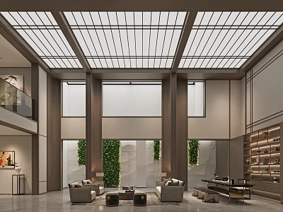 Modern Lounge Interior Design With Large Windows Green Plant Wall And Comfortable Sofas 3d model
