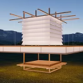 Modern Landscape Pavilion With Wooden Structure Bench Seating And Mountain Green Surroundings