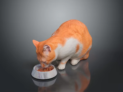 Orange and white cat eating food from marble bowl on dark surface with reflection 3d model