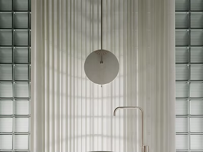 Minimalist Bathroom Sink Design With Glass Block Wall And Brass Faucet Pendant Light 3d model