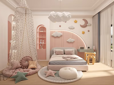 Pink Themed Kids Bedroom With Canopy Tent And Cloud Chandelier 3d model
