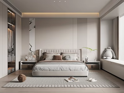 Modern Bedroom Interior With Upholstered Headboard Beige Walls Area Rug Nightstands And Window Curtains 3d model