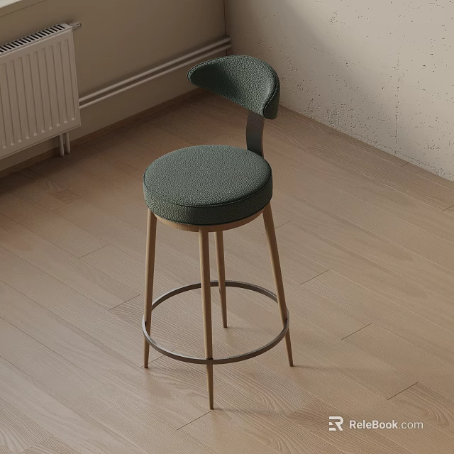Modern Green Upholstered Bar Stool With Curved Backrest Wooden Legs And Metal Footrest 3d model 
