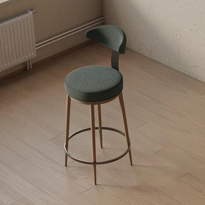 Modern Green Upholstered Bar Stool With Curved Backrest Wooden Legs And Metal Footrest 3d model